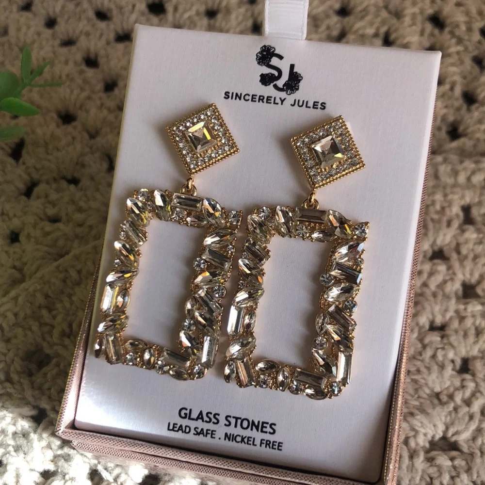 Elegant Gold Statement Earrings with Clear Glass Stones